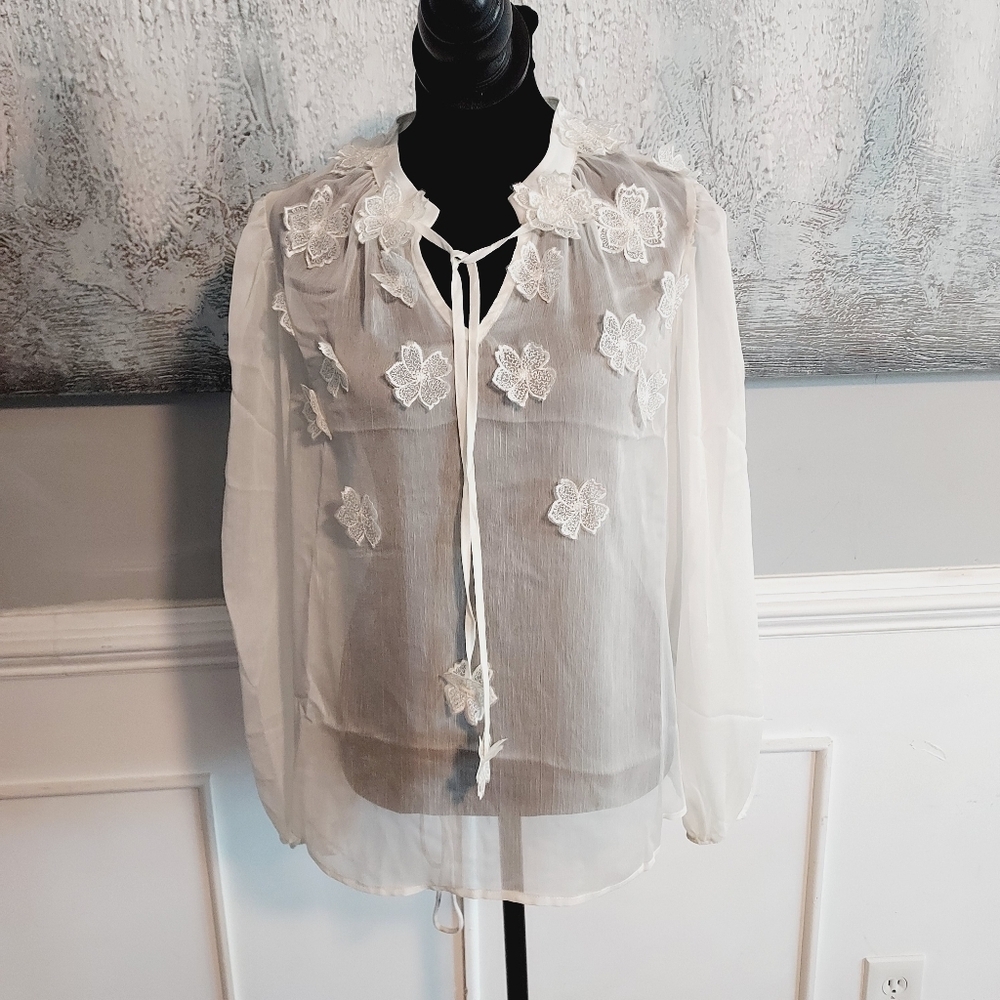 Adrianna Papell Floral Embroidered Chiffon Semi-Sheer Blouse Sz-L